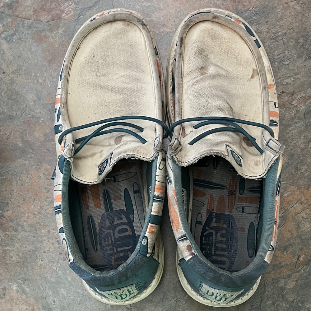 Hey Dude Cream Canvas Boat Shoes with Teal and Orange Accents